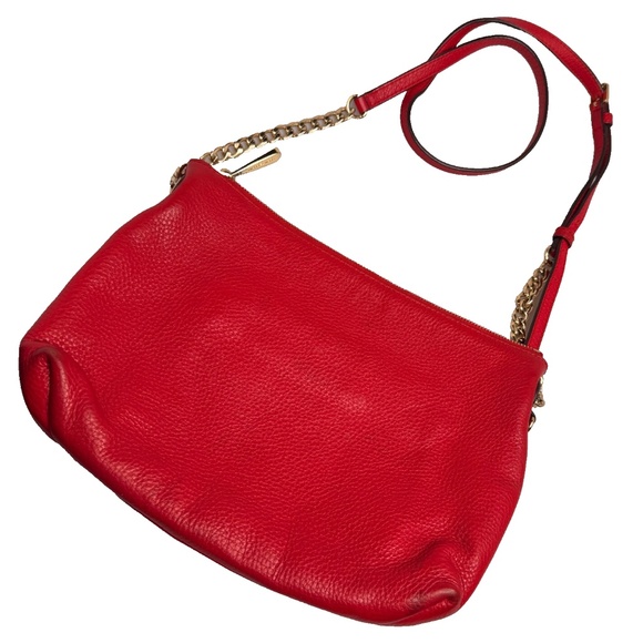 Michael Kors Jet Set Red Pebbled Leather Crossbody Bag AV-1503 Gold Chain Strap - Picture 1 of 16
